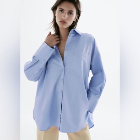 NWT ZARA WOMAN OVERSIZED SATIN EFFECT POPLIN BUTTON DOWN SHIRT - Picture 2 of 10